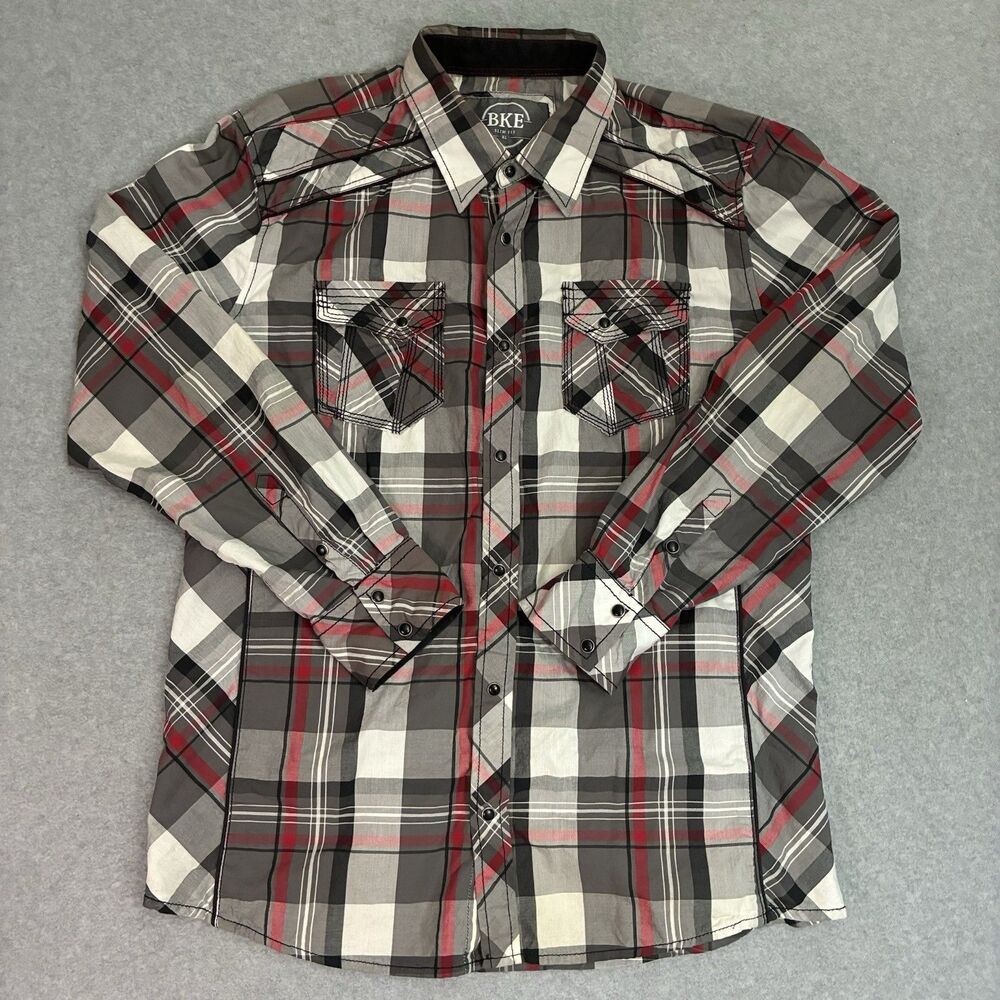 Men’s BKE Slim Fit Plaid Western Pearl Snap Shirt Gray Red Black XL Cotton